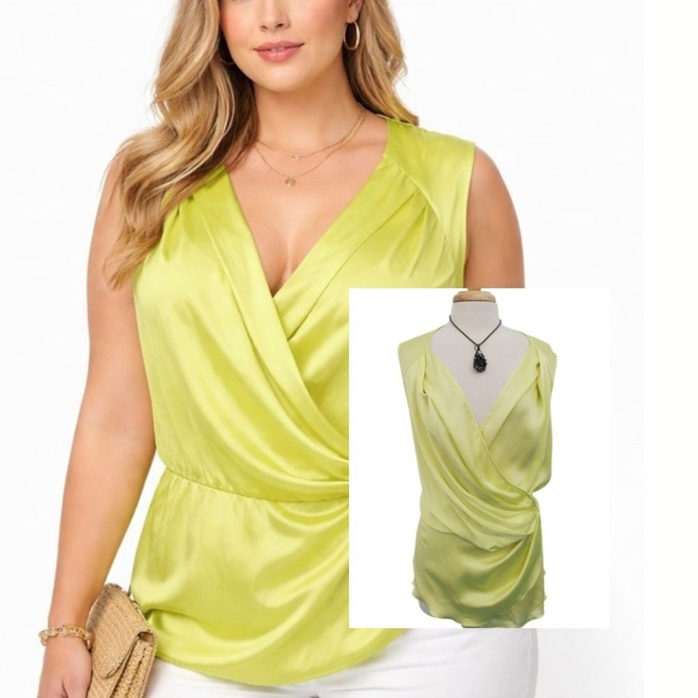 Melissa McCarthy Seven7 Wrap Blouse V-Neck Sleeveless Lime‎ Womens 3X